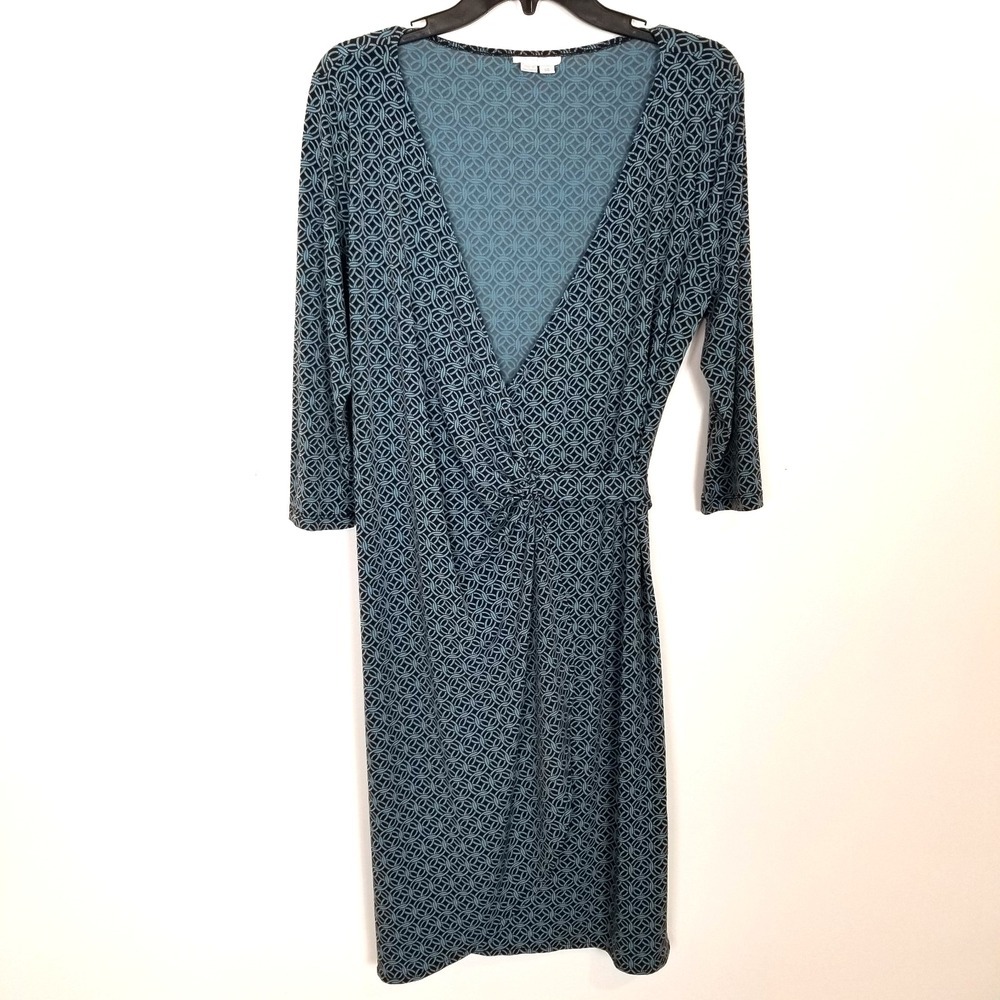 London Times Classic Wrap Dress Sz 14‎ Blue Printed  3/4 Sleeve Jersey